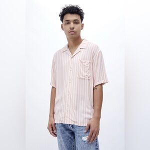 PACSUN Powder Pink Stripe Camp Button Down Short Sleeve‎ Tee | Small